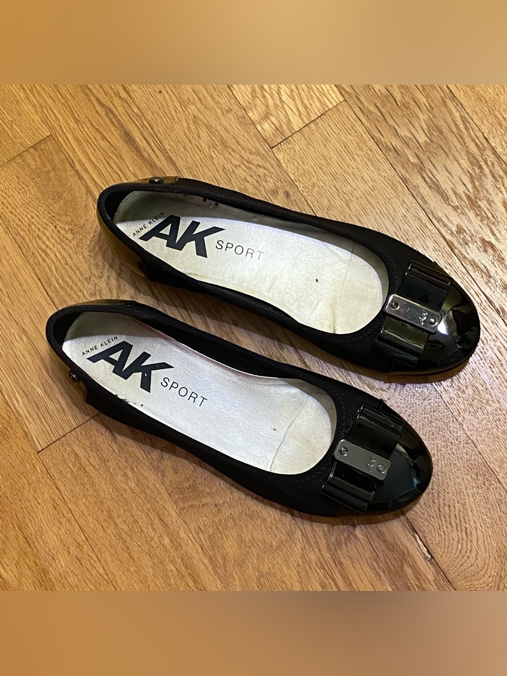 Anne Klein Black Patent and Fabric Bow-Trim Ballet Flats